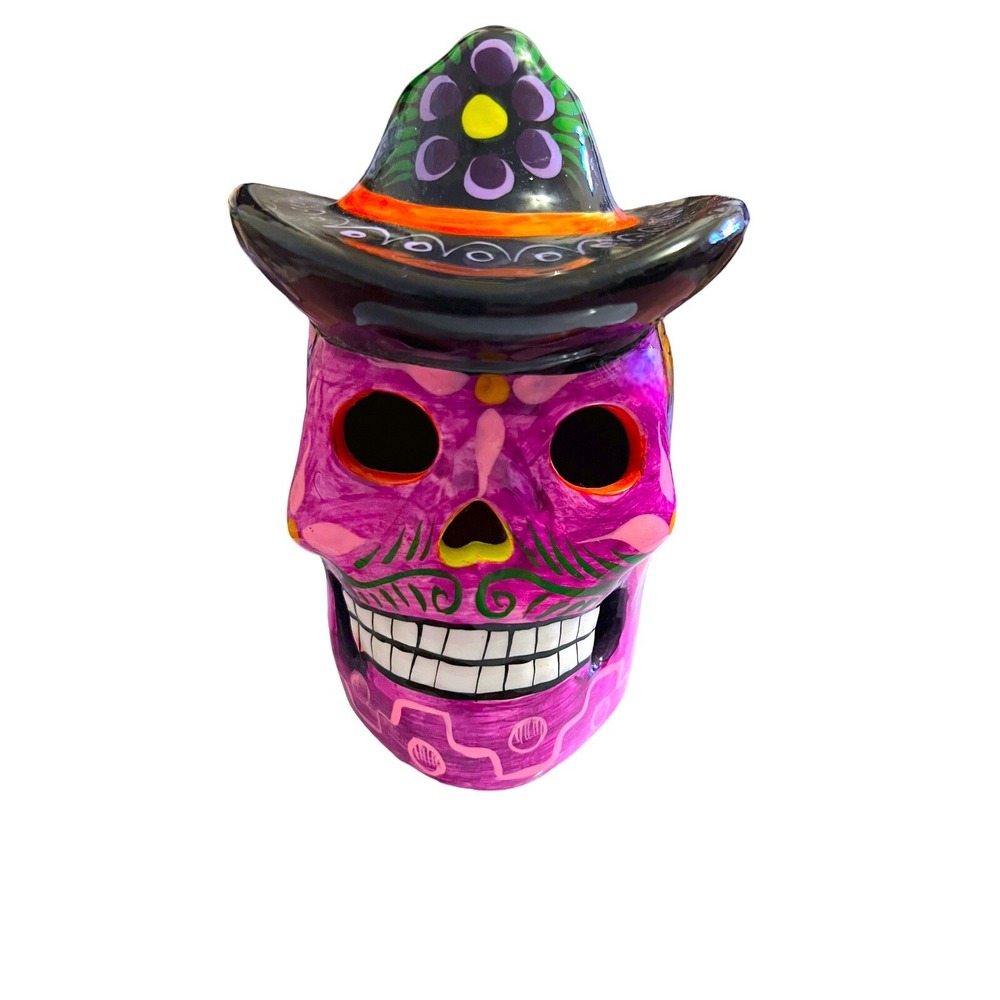 Pink Sugar Skull in Cowboy Hat Day of the Dead Handmade Mexican Pottery Folk Art